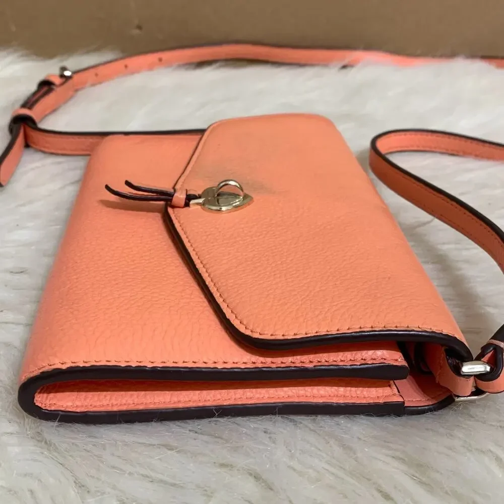KATE SPADE Melon Pebbled Leather MARTI Large Slim Flap Wallet w/XBody Strap